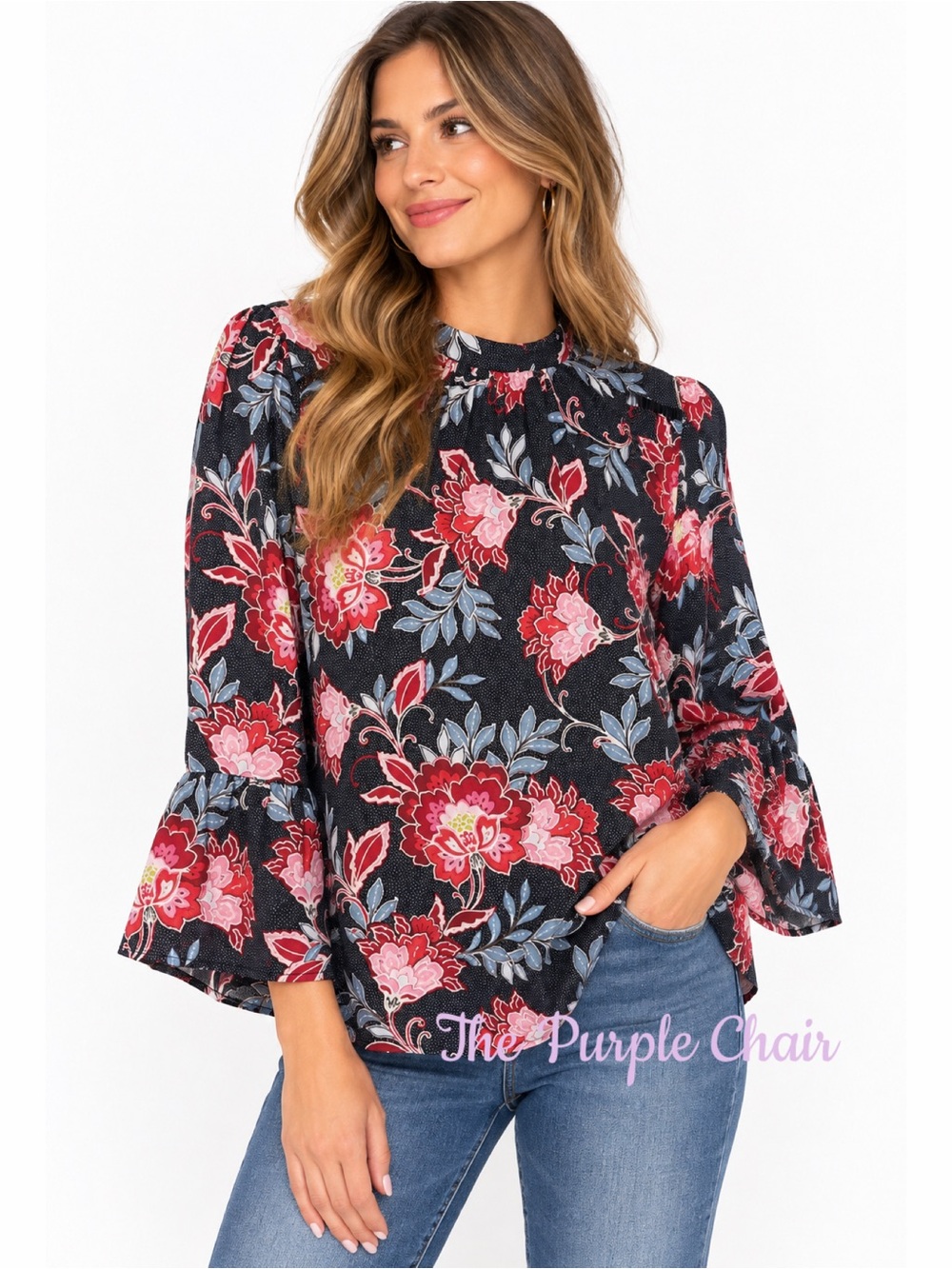 LOFT NWT Boho Floral Garden 3/4 Bell Sleeve Blouse L